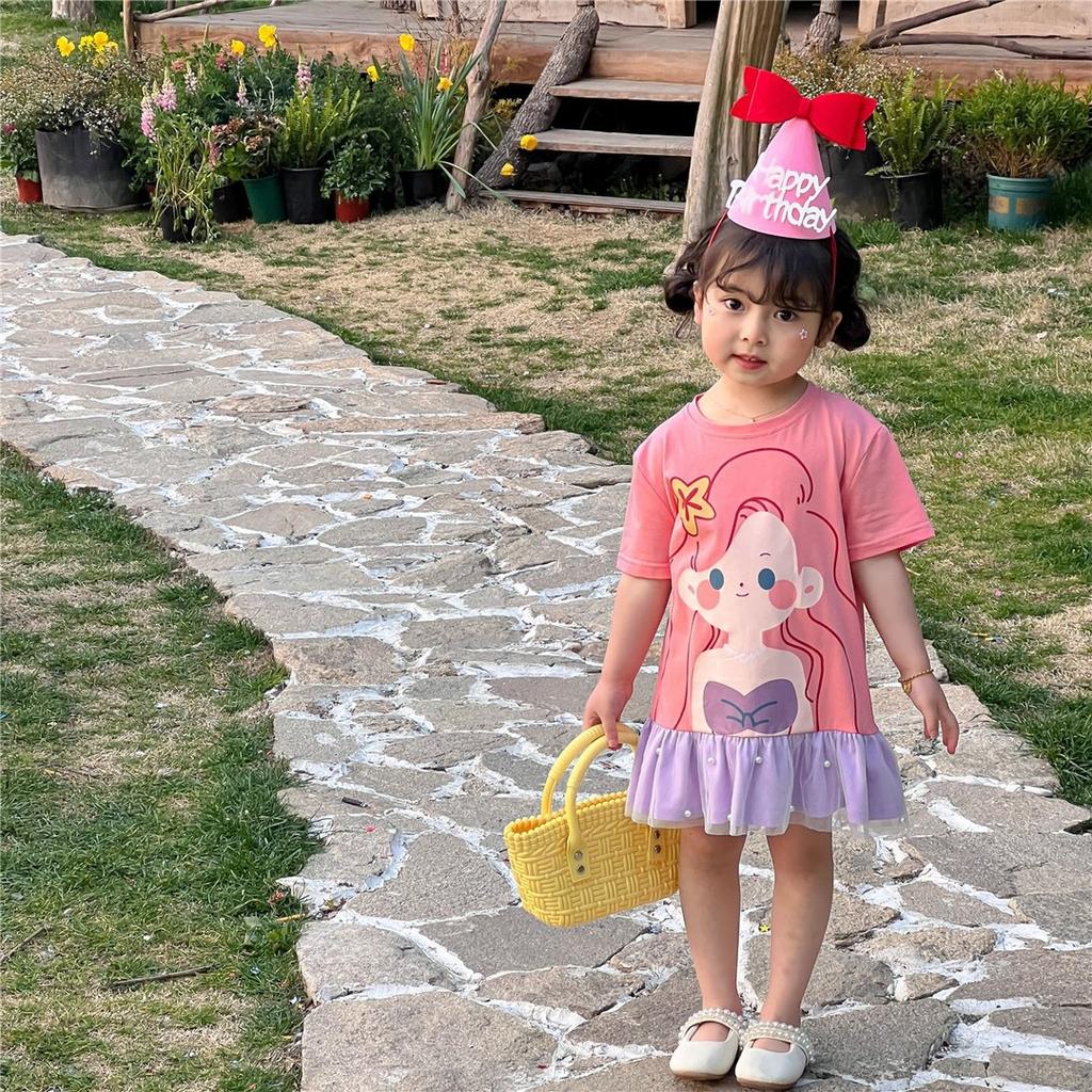 Girls Summer Ruffled Mesh Dress with Cute Cartoon Print Princess