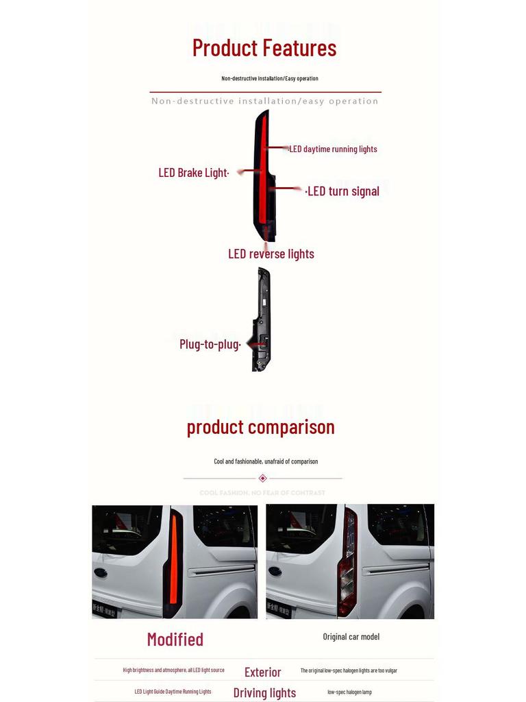 Compatible LED Taillight Assembly for 2016-2022 Ford Transit/Tourneo with Sequential Turn Signals and Daytime Running Lights.