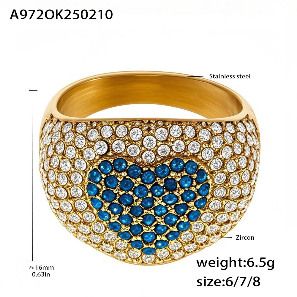 Stainless Steel Gold Plated Chunky Ring Women's Heart Shaped Colorful Zircon Luxury Couple Matching Finger Ring Summer Zircon
