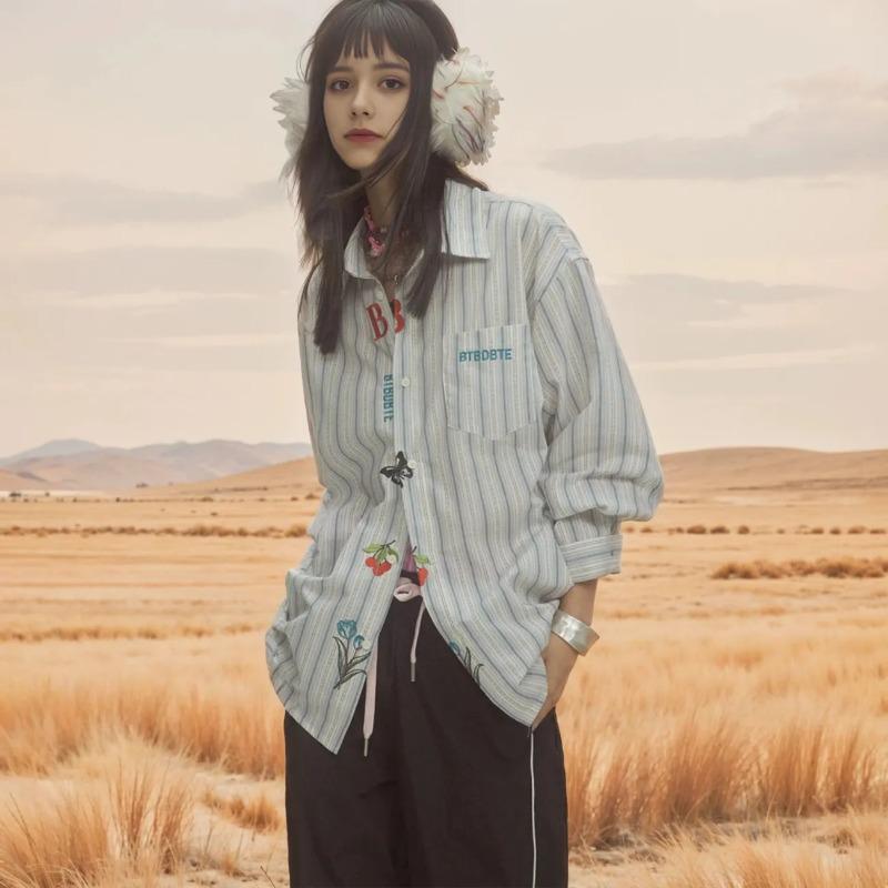 

Retro Design Vertical Striped Shirt for Women Spring and Autumn New Trendy Brand Embroidered Shirt Loose Long-sleeved Top XL білий