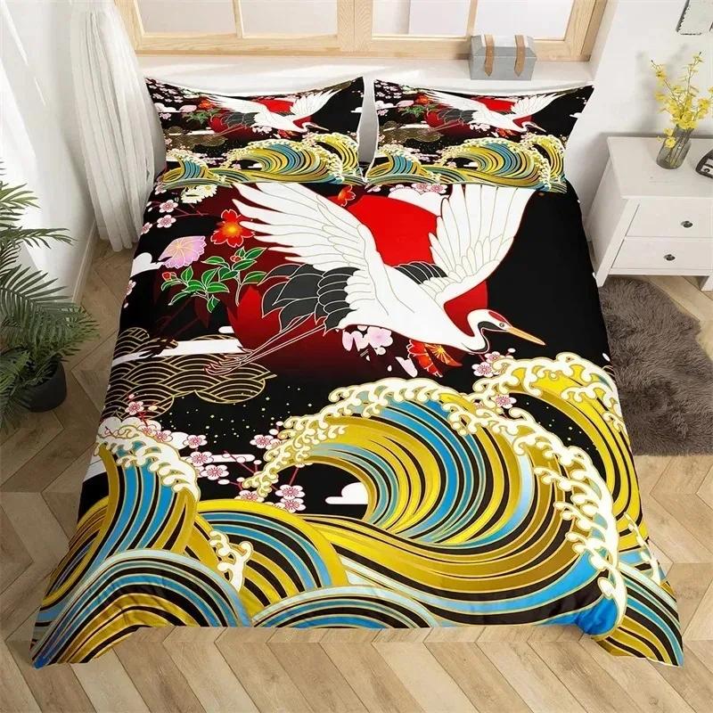 Japanese Ukiyoe Bedding Set White Fox Blossoms Floral Duvet Cover Polyester Galaxy Exotic Animal Comforter Cover Twin Queen Size