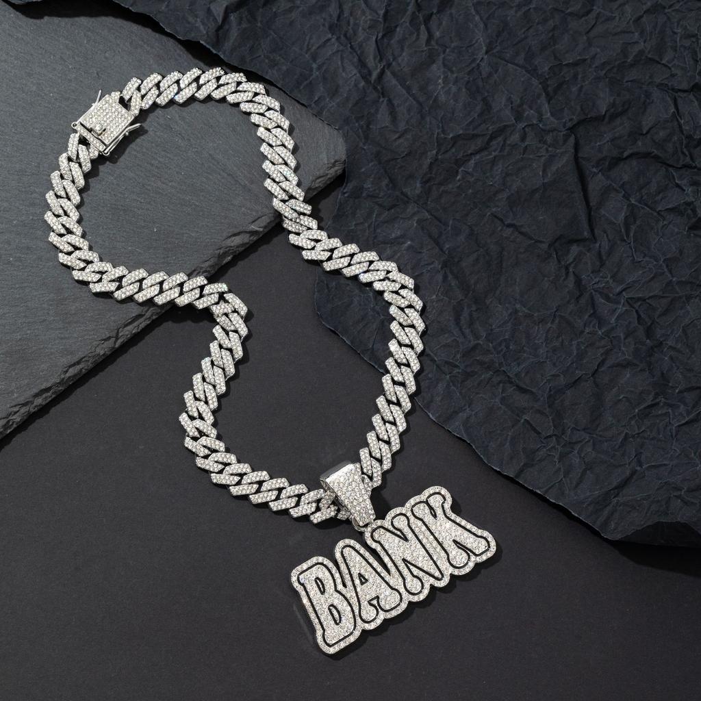 Full Diamond Letter BANK Pendant Cuban Chain, Hip Hop Men's Trend Street Necklace Accessories