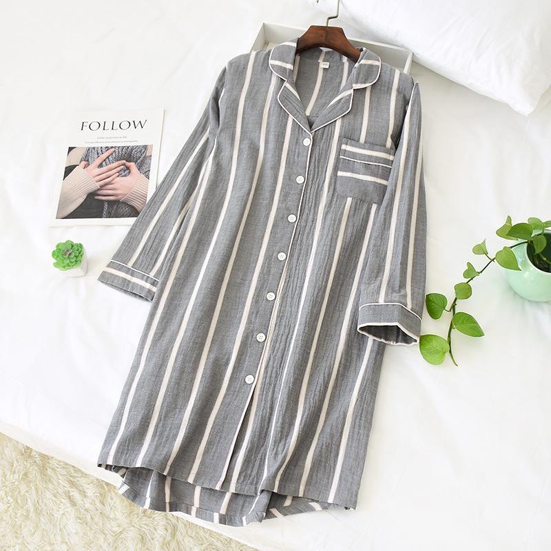 Spring and Summer New Long-Sleeved Nightgowns Cotton Women's Mid-Length Cotton Sleepshirts Home Stripe Knee-Length