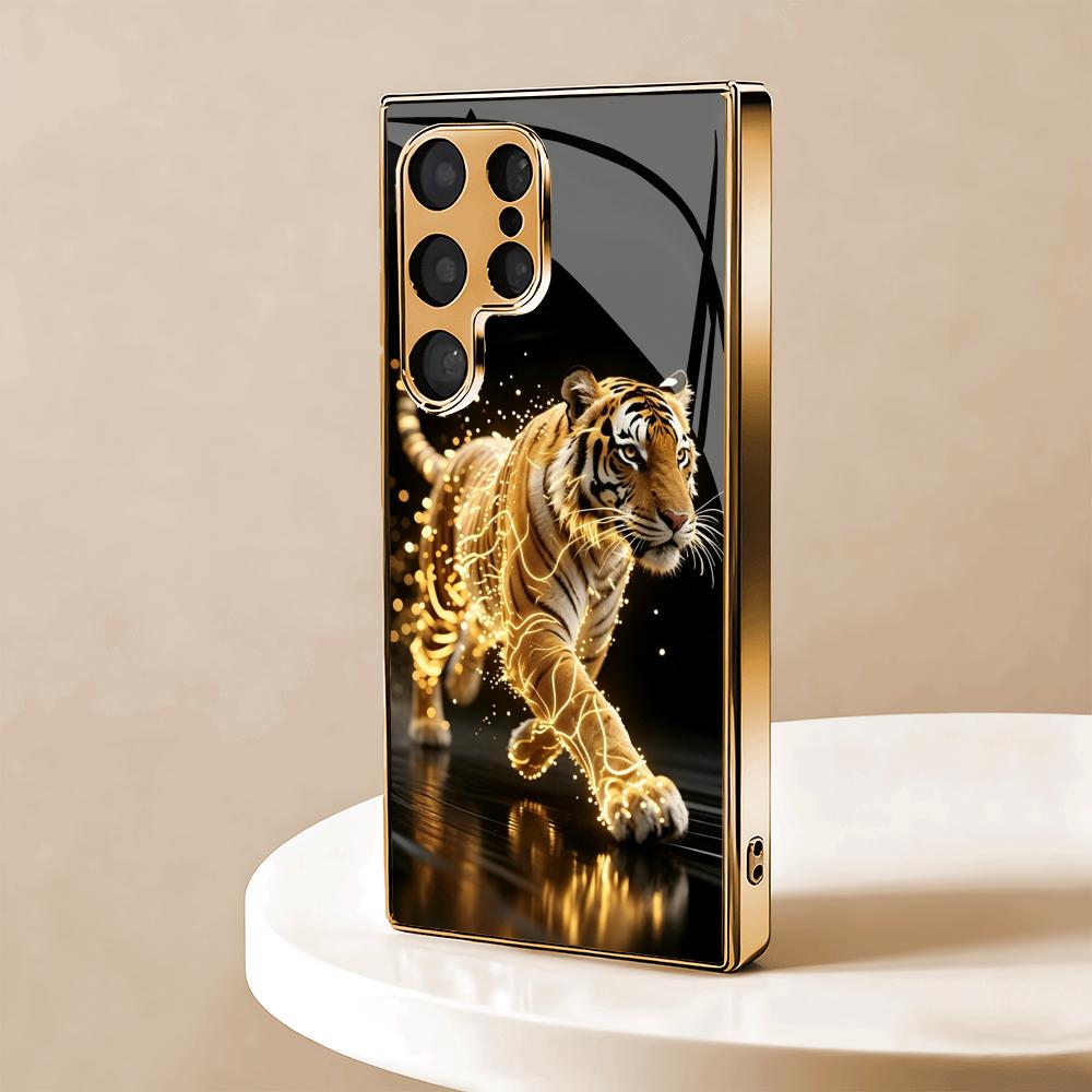 Golden Tiger Metallic Glass Phone Case Suitable for Samsung Galaxy S26 S25 S24 S22 S21 S20 FE/Ultra/Plus Anti Drop Rear Cover