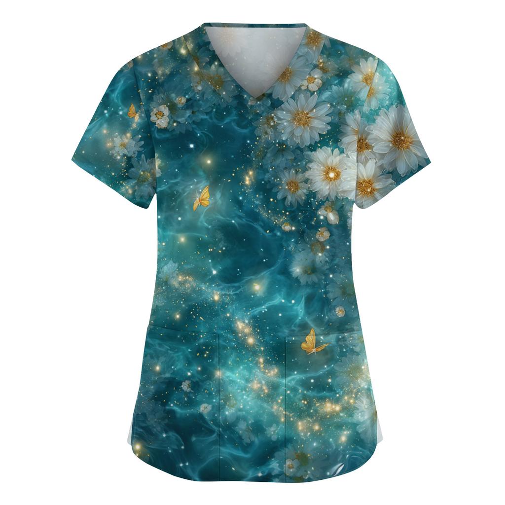 Women's Fashion V,Neck Short Sleeve Overalls With Pockets  Print Tops  Clothes