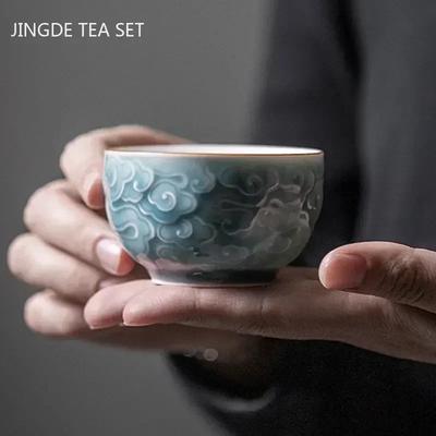 1 szt. Chińska ceramiczna filiżanka do herbaty Ręcznie robiona filiżanka z reliefem Gospodarstwa domowego porcelanowa filiżanka do herbaty Podróżna osobista pojedyncza filiżanka Kubki do wina Zastawa do herbaty