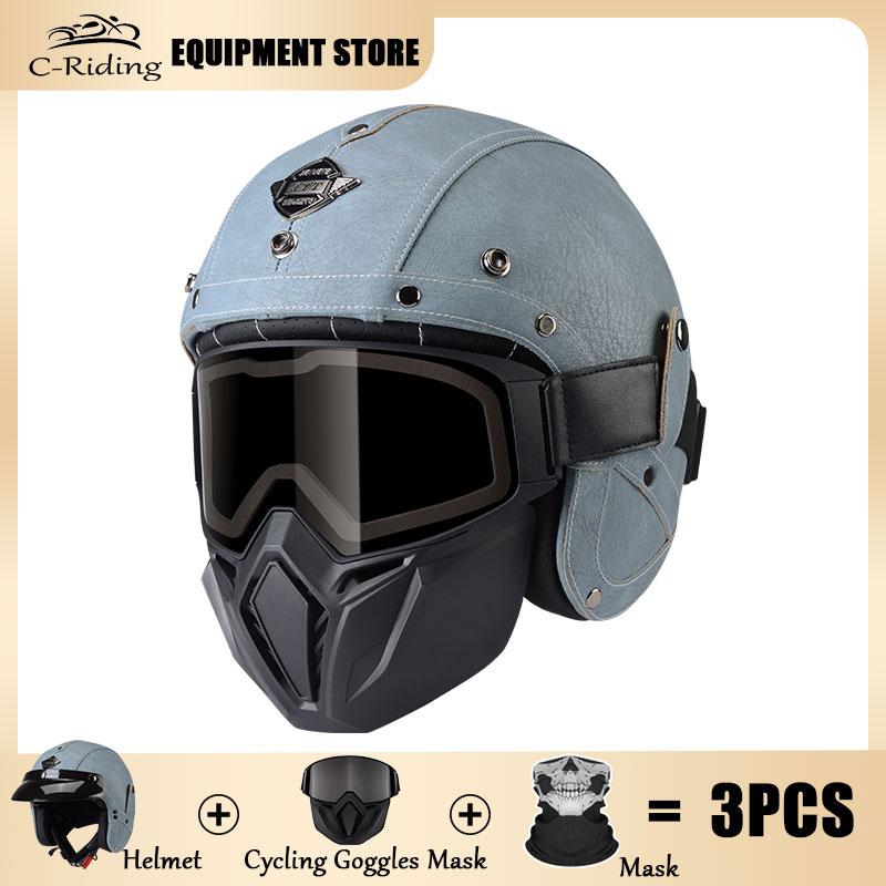 Vintage Brown Leather Helmet Summer Cruise Motorcycle Jet Helmet Men and Women Motorbike Riding Half Helmets Cascos Para Motos