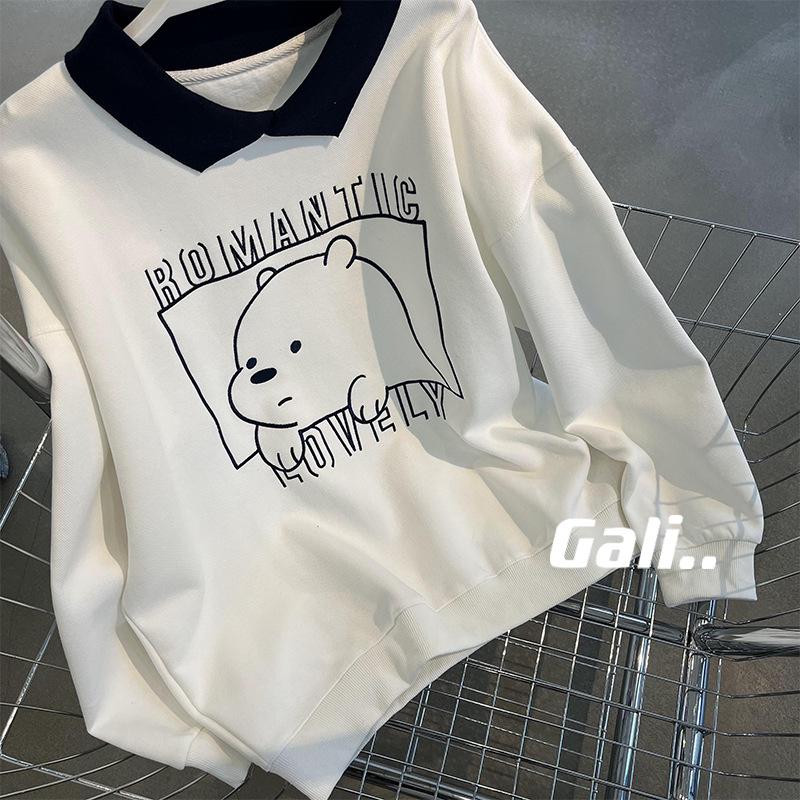 

Trendy Women s Spring 2025 Teddy Bear Print Polo Sweatshirt: Loose Fit, Slimming Korean Style Pullover with Turn-Down Collar. M [Recommended up to 110 lbs] серый