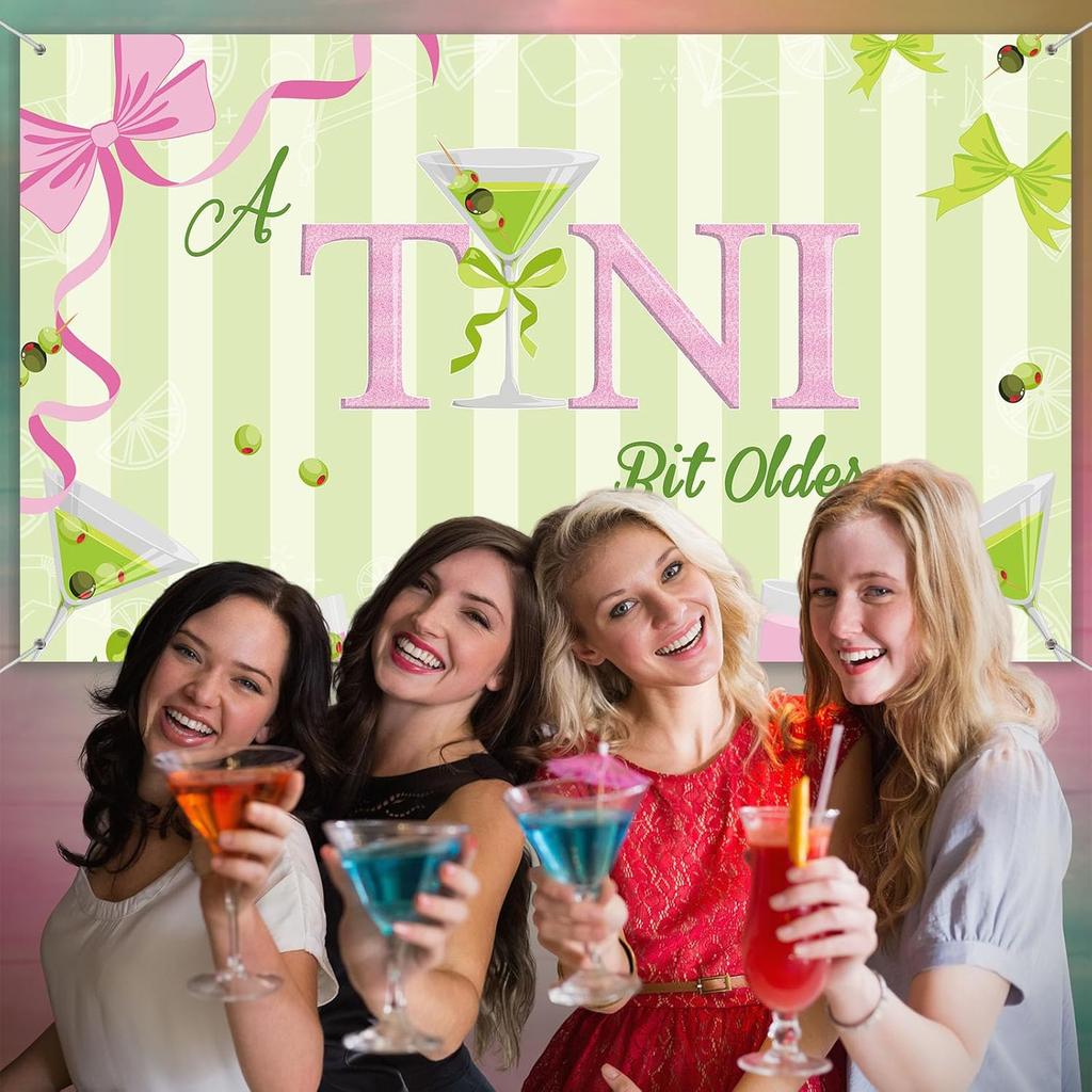 Tiamon a Tini Bit Older Party Decorations Martini Bow Birthday Backdrop Banner Large Fabric Green Pink Martini Bar Birthday Photo Backdrop for