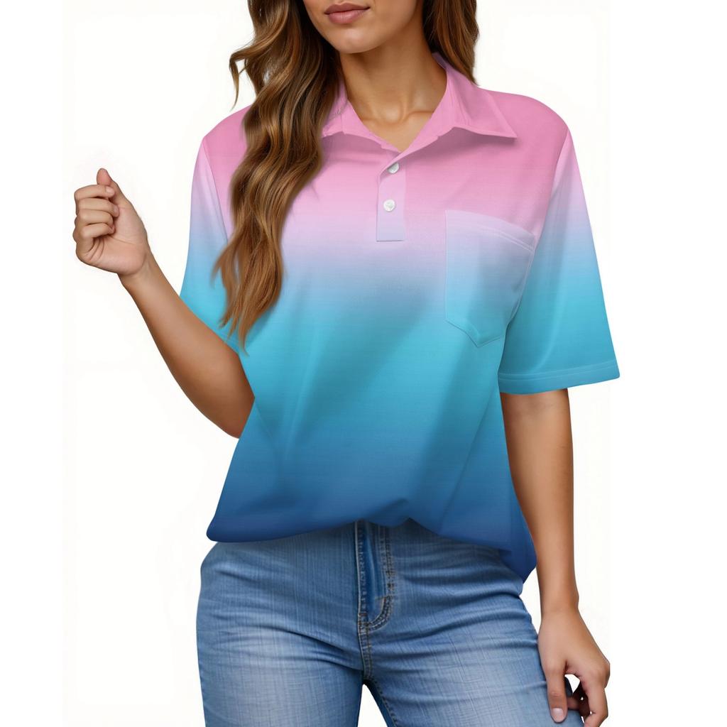 Damenmode Lässig Knopf Tasche Hemd Kurze Ärmel Druck Revers Oberteil