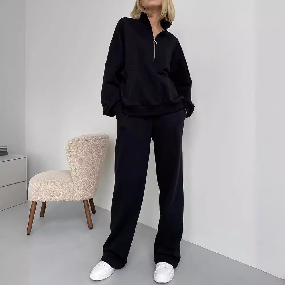 Women's Cotton Zip-Up Hoodie Set Casual Oversized Sweatshirt and Sweatpants Two Piece Tracksuit INS Style