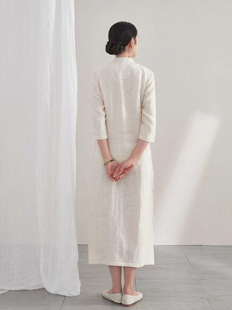 Pure Cotton & Linen-like Spring Summer Artistic Retro Solid Color Three-Quarter Sleeve Dress for Women - Modified Qipao Zen Tea Attire