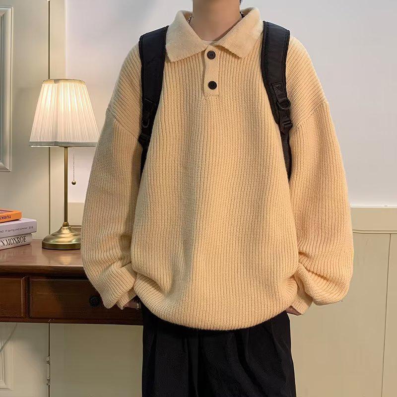 Men's Retro Oversized Coffee Polo Collar Sweater - Japanese Minimalist Style