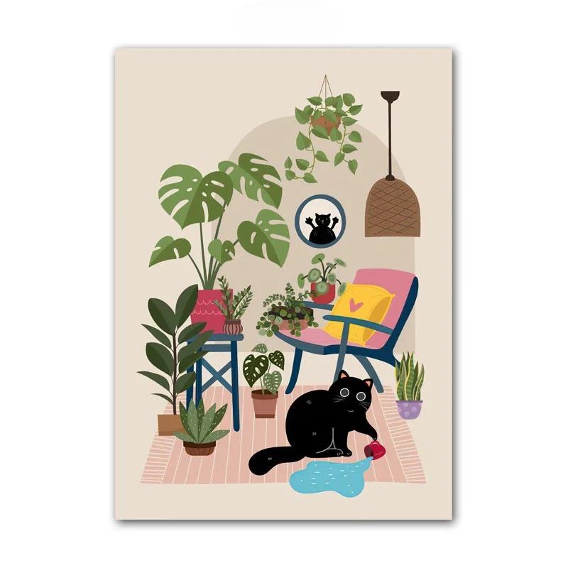 Black Cat Poster Canvas Painting Lovers Gift Wall Art Mural House Potted Plant Print Picture Living Room Home Decor Frameless