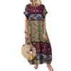 Vintage Women O Neck Short Sleeve Patchwork Cotton Dress Summer Floral Dress