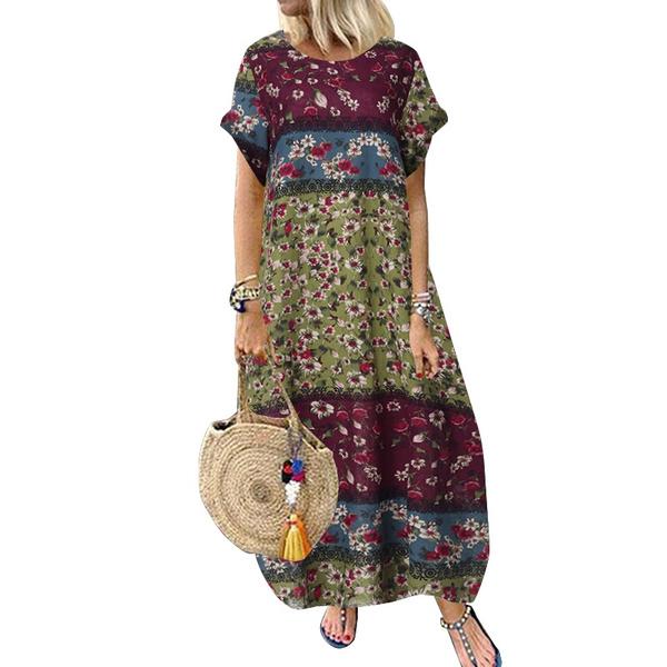 Vintage Women O Neck Short Sleeve Patchwork Cotton Dress Summer Floral Dress