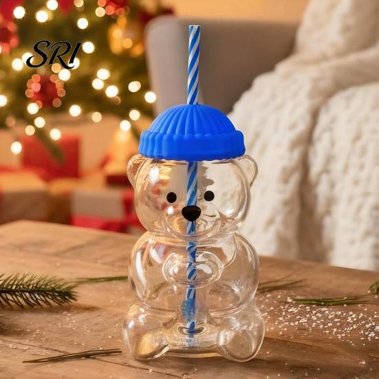 Eco Friendly Sippy Cup Bear Shape with Straw Lid 500ml Heat-Resistant Glass Tumbler Reusable Cold for Iced Coffee Milk Tea Juice