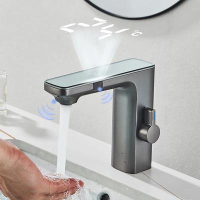 Baterie de lavoar cu senzor fără atingere, Afișaj digital inteligent, Baterii pentru chiuvetă de baie, Alamă gri, Senzor, Mixer apă caldă/rece, Robinet tip lebădă