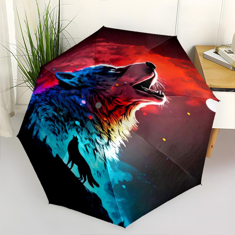 1 Stück Wolf Regenschirm Tragbarer Faltregenschirm Eisenrahmen Lochknochenstruktur Outdoor Heimregenschirm