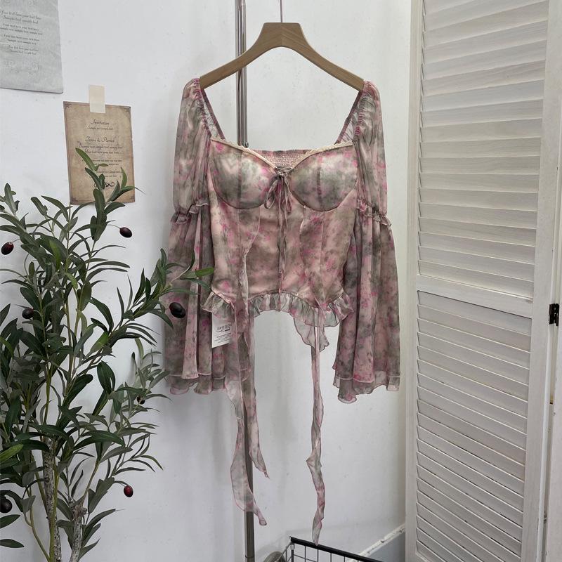 One-Shoulder Floral Print Bustier with Bell Sleeves and Lace-Up Back