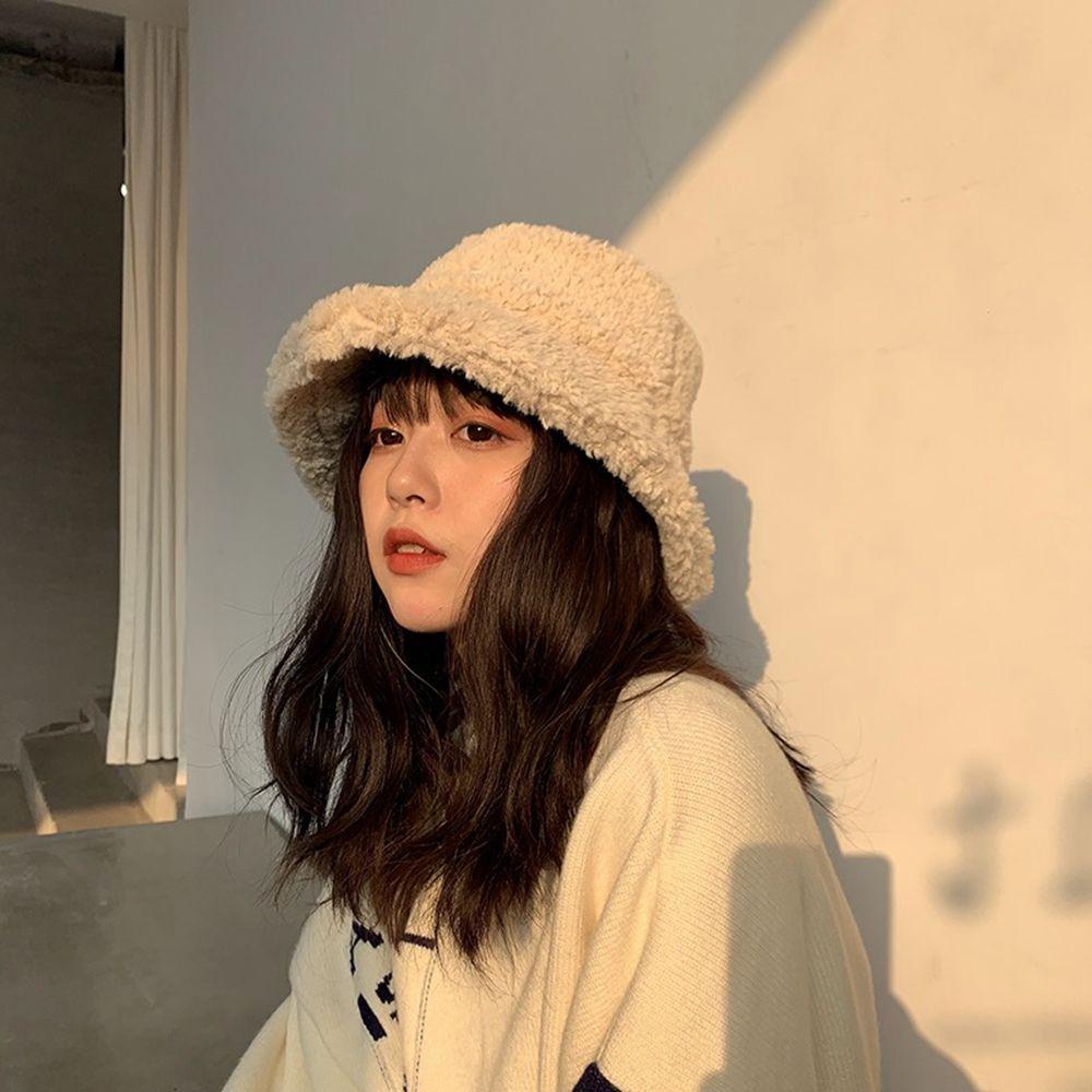 Girl Sun Protection Lamb Plush Pure Color Caps Lambwool Bucket Hat Korean Style Caps Female Hats