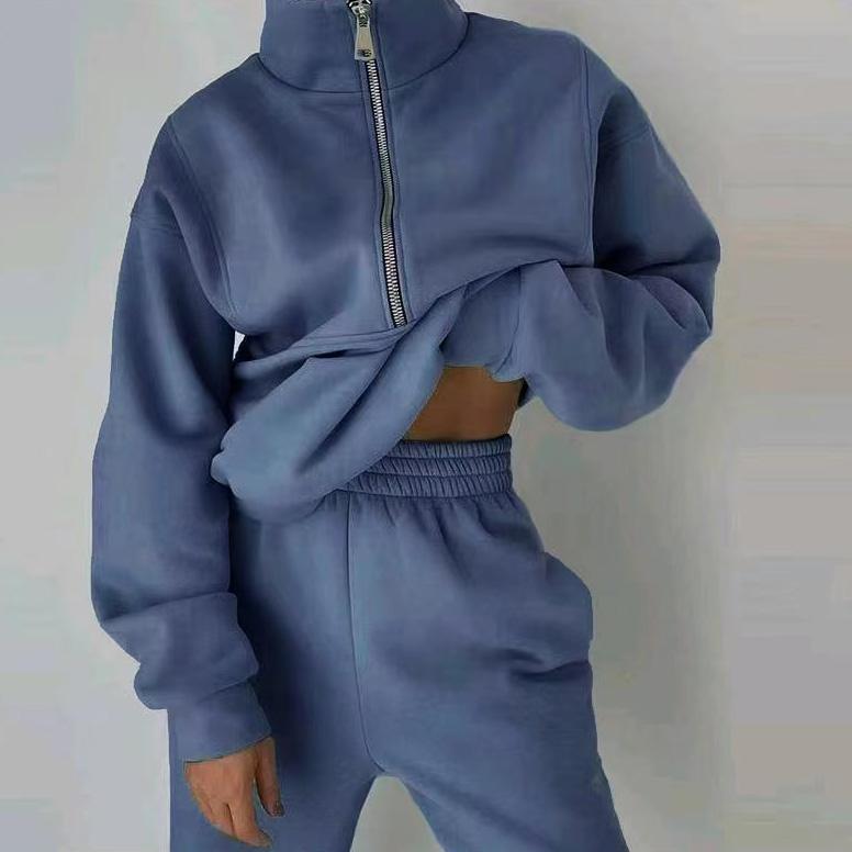 Women Solid Color Long Sleeve Stand Collar Hoodies Suit Autumn Winter Loose Top Wide Leg Pants