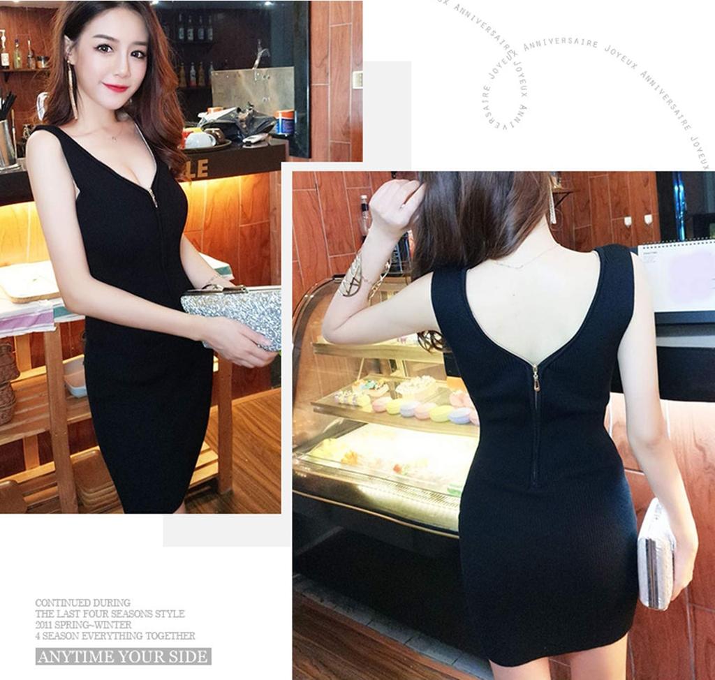 Religieuse Gold Ring Zipper Rib Knit Sleeveless Double Free Dress, V-Neck, (Black, Zipper, Size)