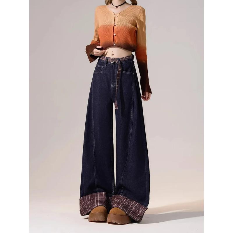 High-waisted Plaid Splicing Jeans for Women Spring New American Street Straight Loose Drapey Floor-length Mopping Pants