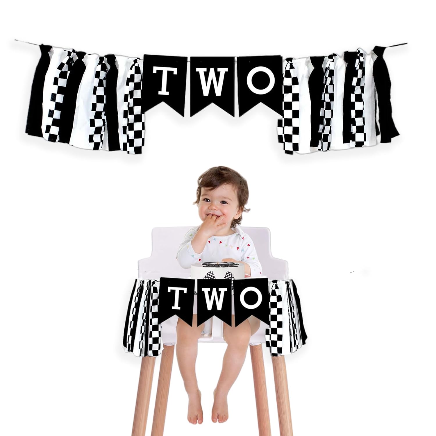 Two Fast High Chair Banner, Checkered 2nd Highchair Banner, Race Car Birthday Party Decorations, 2 Fast 2 Curious Birthday Supplies, Black and White
