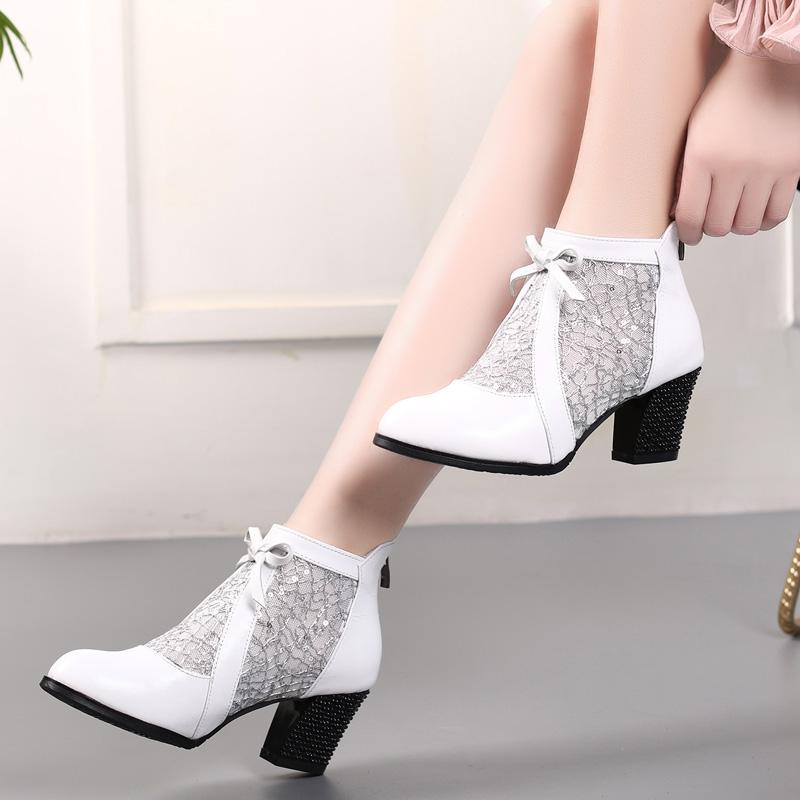 GKTINOO Rhinestones Gauze Sandals Summer New Mesh Boots Genuine Leather Women's Shoes Hollow Boots Large Size 40-42