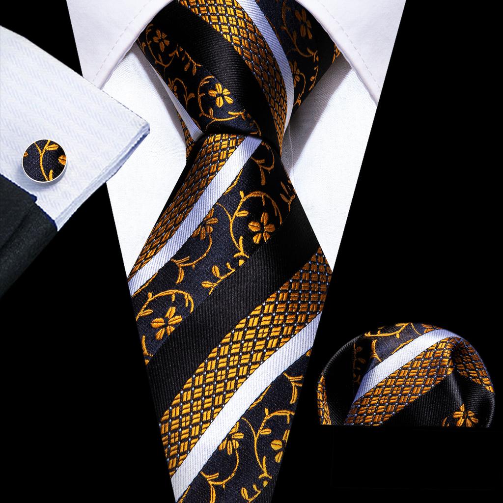 Barry.Wang Necktie Hankerchief Cufflinks Set Purple Blue Black Dots Jacquard Woven Wedding