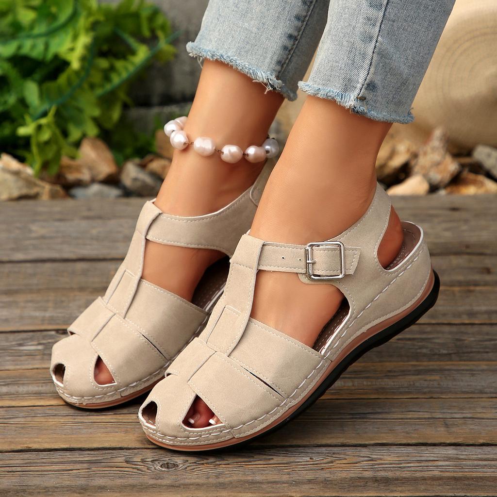 Damen Sandalen mit rundem Zeh und Ausschnitt, Leichte Keilabsatz Römerschuhe, Atmungsaktive Strand-Slipper Großhandel auf Lager