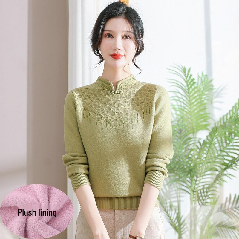 Autumn/Winter Fleece-Lined Knit Base Layer for Middle-Aged & Elderly Women - Half-High Neck, Thickened Fashion Sweater for Mothers