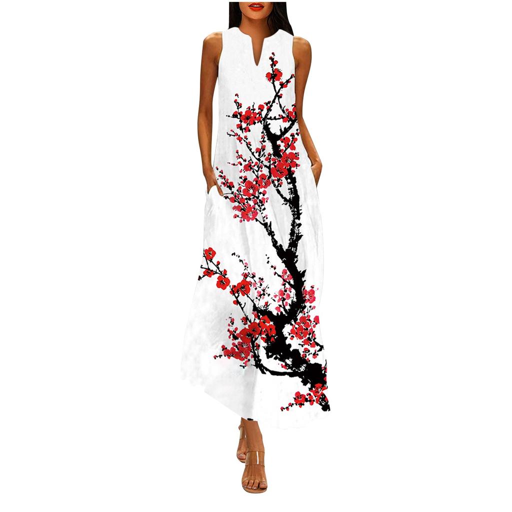 Women's Fashion Casual Retro Print V Neck Multicolor Long Sexy Sleeveless Dress