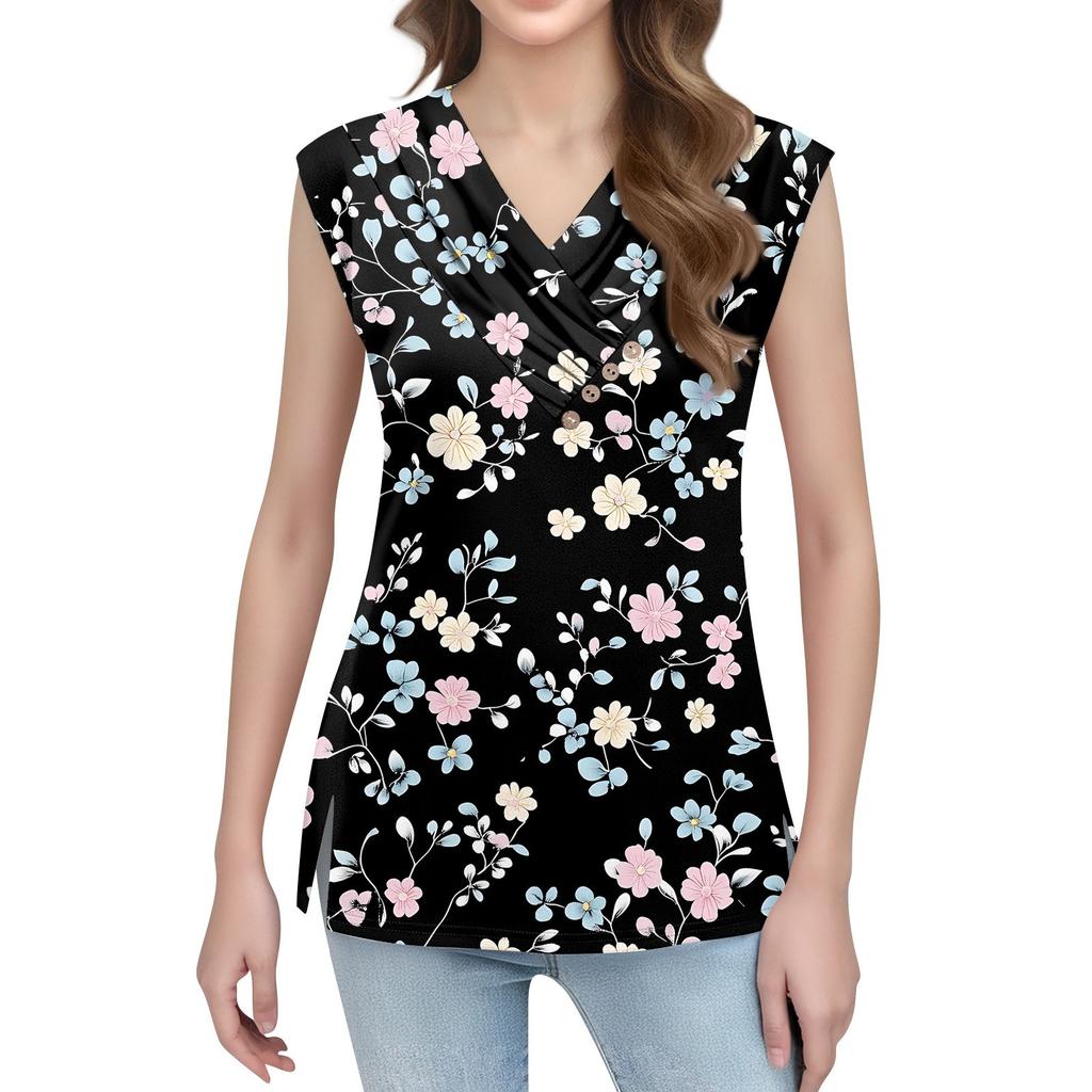 Women's Print Tank Top Button-down V-neck T-shirt Sleeveless Loose Fashion Top