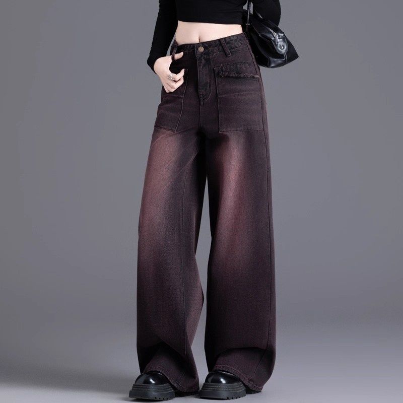Red and black velvet jeans for women, new autumn and winter high-waisted wide-leg pants, great-looking straight pants.