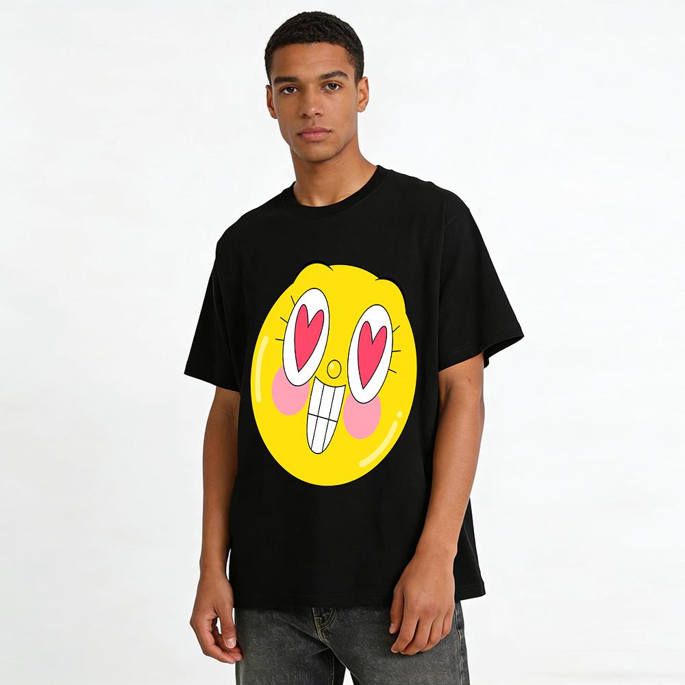 Heart Eyes Smiley Face Print T-shirt Casual Loose Fit Cute Cool Style Daily Wear Top For Teens Pure cotton T-shirt