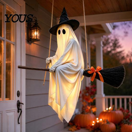 Playful Ghost Face Decoration Halloween Hanging Outdoor Decoration, Spooky LED Light Up Witch Warm Yellow Decor on Broom for Home, Tree, Porch, Patio,