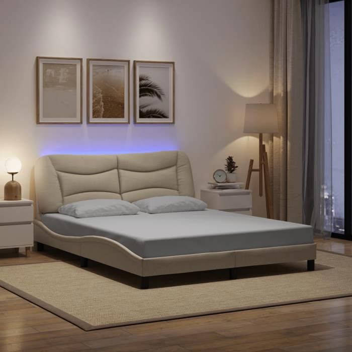 VidaXL Cadre de Lit avec Lumières LED, Lit Double avec Coussin de Tête de Lit, Lit Adulte, Meuble de Chambre, Moderne, Crème 3213716