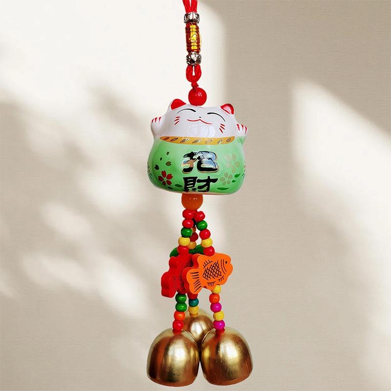 Fortune Cat Ceramic Wind Chimes Hanging Car & Garden Charm Decor with Metal Bells Lucky Feng Shui Craft Good Luck Ornament