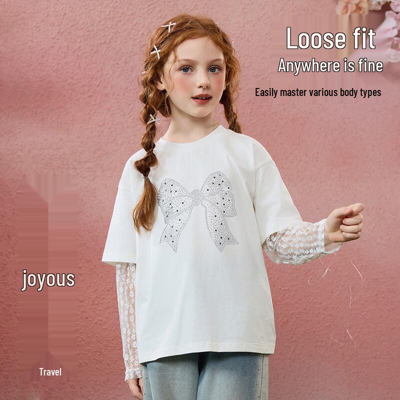 ASK JUNIOR Girls' Faux Layered Lace Bow Long Sleeve T-Shirt