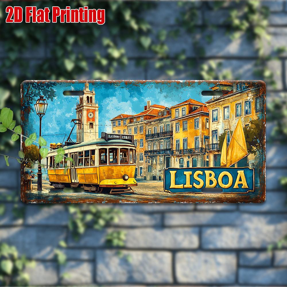 Printing, , Vintage Metal License Plate, Outdoor Wall Art , Number LISBOA Aluminum Sign with Lisbon Tram Scene, for Home, Bar