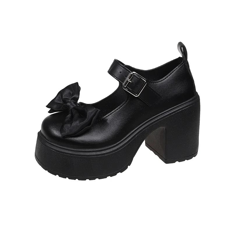 Fashion 2025New Chunky Heel Shoes Spring Round Head Shallow Mouth Bow One Word Buckle Waterproof Platform Anti-slip Wear  Jane Shoes