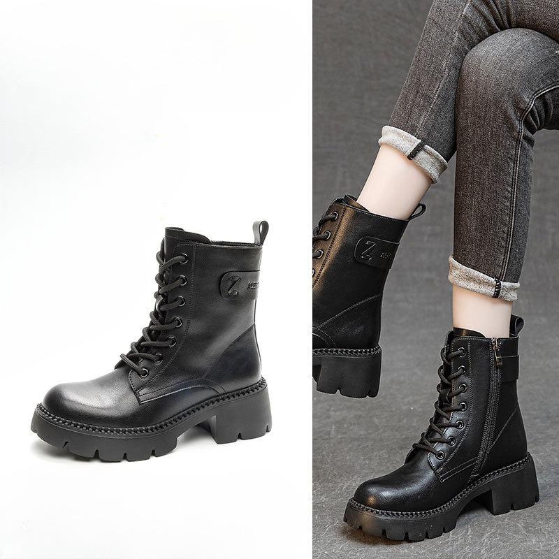 Scarpe Autunnali Stivali da Donna a Metà Polpaccio con Suola Spessa e Punta Rotonda con Tacco Chunky Retro e Versatili