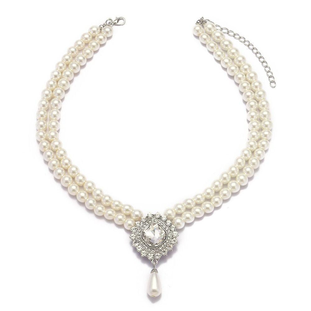 Baroque Style Necklace Earring Set Rhinestone Pearl Necklace Water Drop Bridal Jewelry Set  Wedding