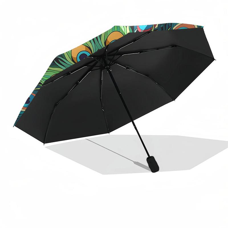 1pc Peacock Feather Mandala Automatic Folding Umbrella - Portable 3-Fold Design with 8-Bone Iron Frame for Outdoor Use, Festive Gift, Travel, Daily Us