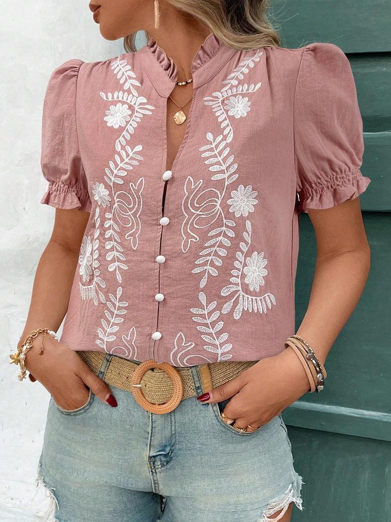 Spring/Summer Women's Puff Sleeve Cotton Embroidered Button Cardigan Top