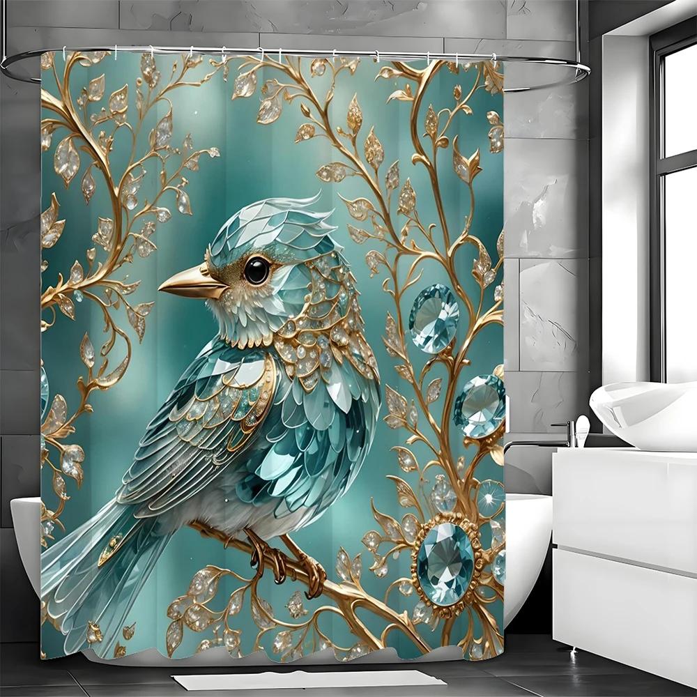 Blue Bird Tree Creative Jewel Shower Curtain, Bathroom Decorative Shower Curtain, Waterproof Shower Curtain with Hooks