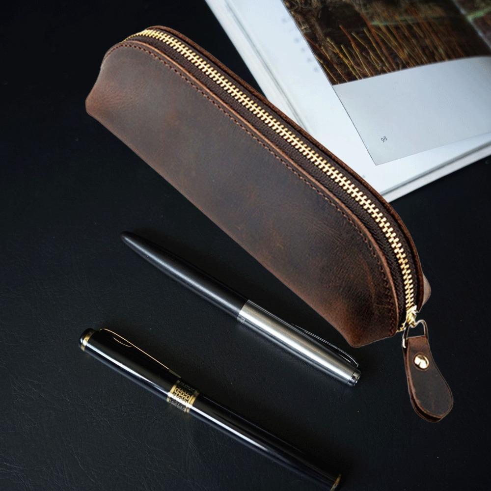 

Multifunctional Leather Pencil Pouch Zipper Closure Pencil Case High Quality Stationery Bag Gift кавовий