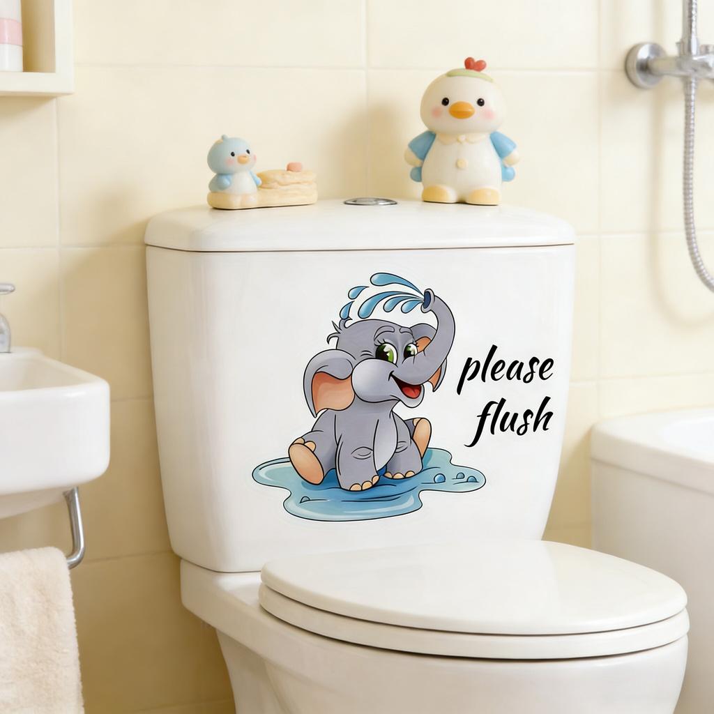 Contemporary Cartoon Elephant Wall Sticker, PVC "Please Flush" Toilet Decor, Self-Adhesive Bathroom Decal, Animal Theme Wall Art
